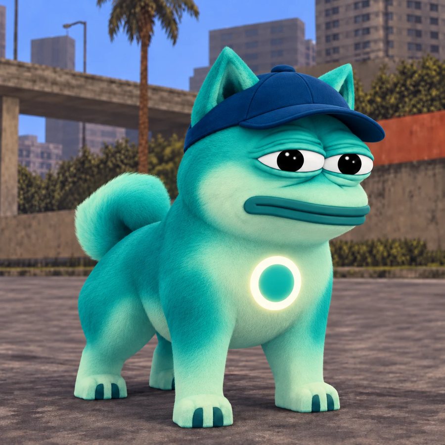 GROPE, a teal fluffy dog with a frog face and a blue cap, glowing ring on his chest